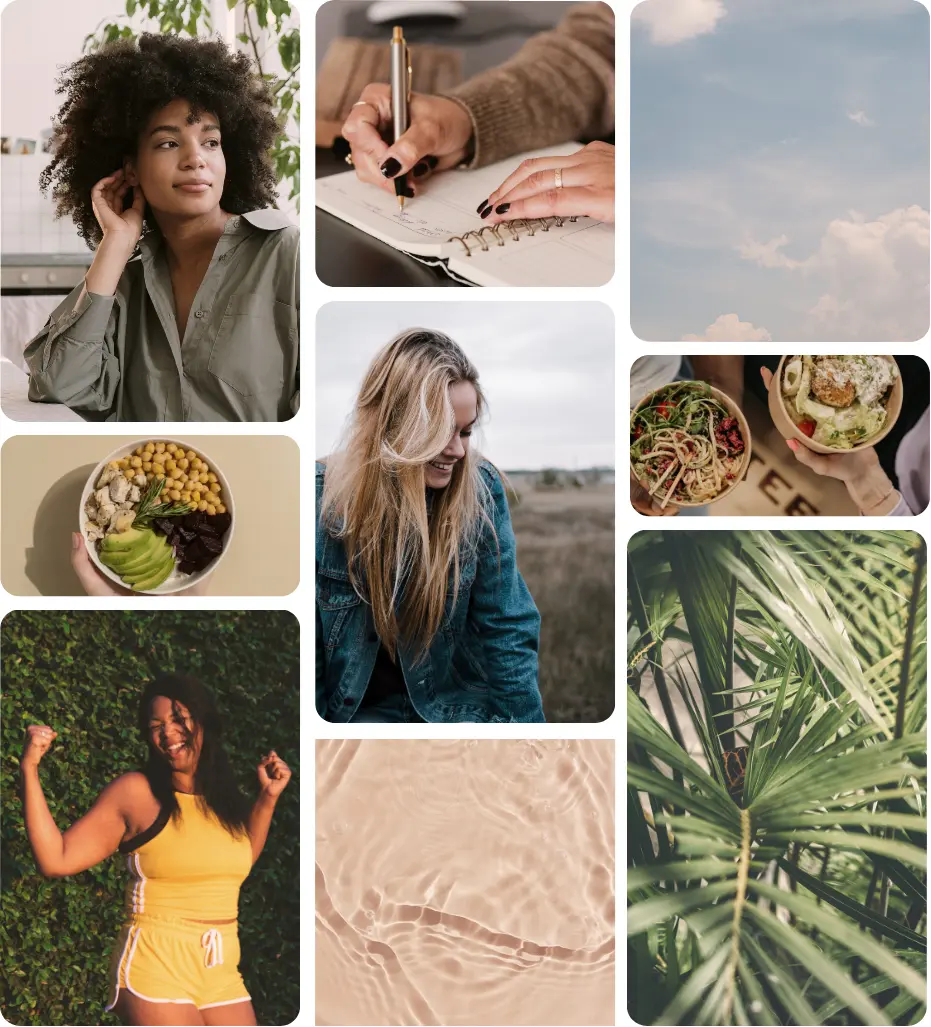 Collage of nature, women, and food